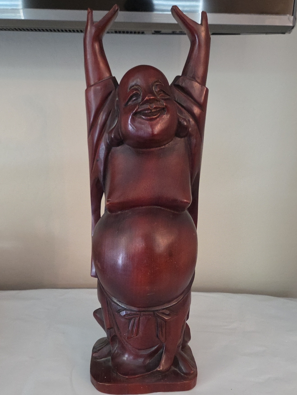 Vintage Wooden Happy Buddha Statue in Deep Mahogany Brown